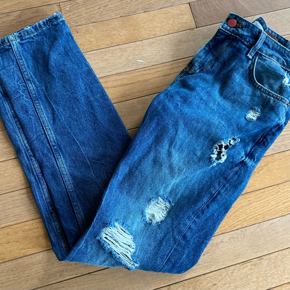 Euc Zara Basic Denim Red Button Distressed Jeans - image 2